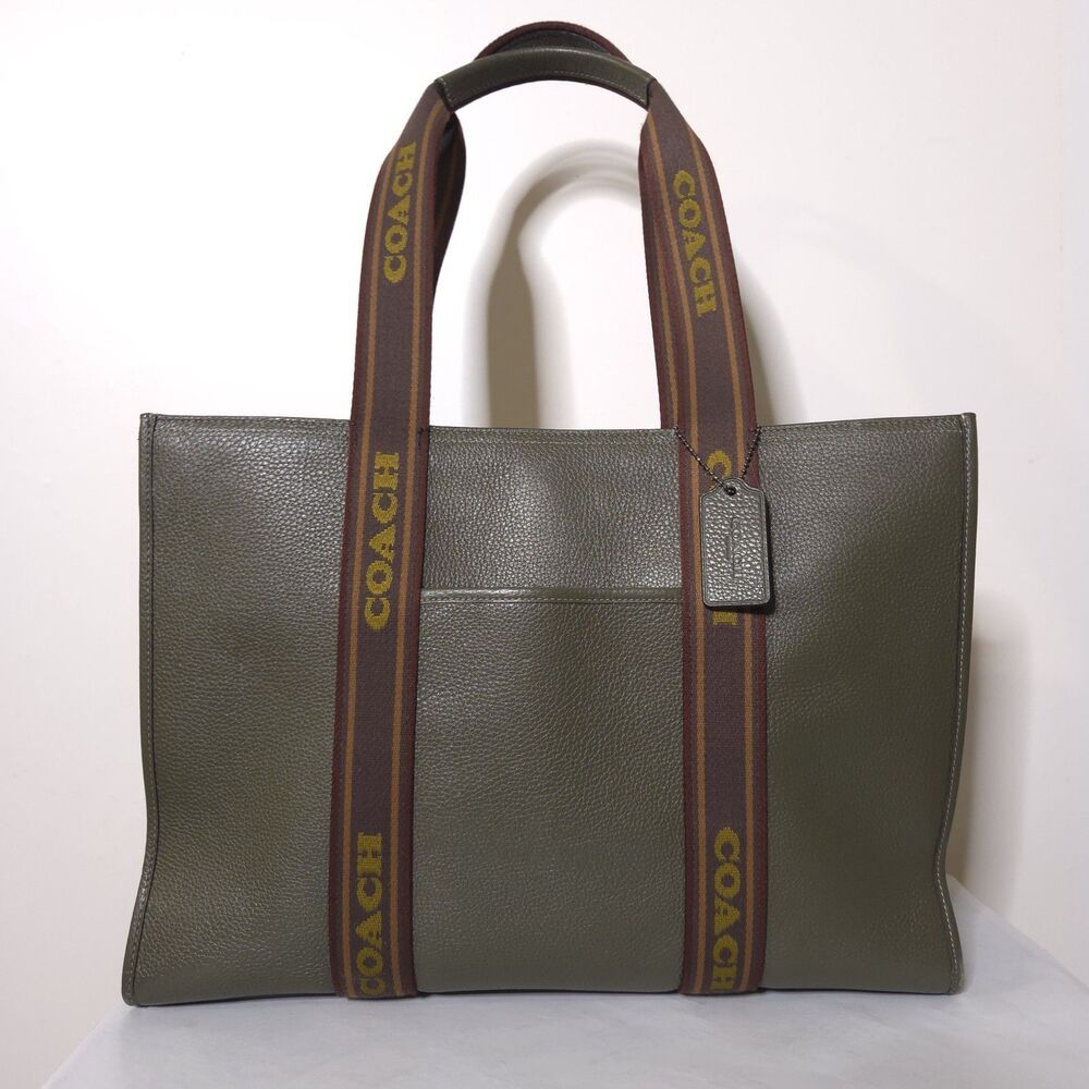 Coach Olive Pebbled Leather Smith Tote Bag Large Logo Strap Womens - Picture 2 of 16
